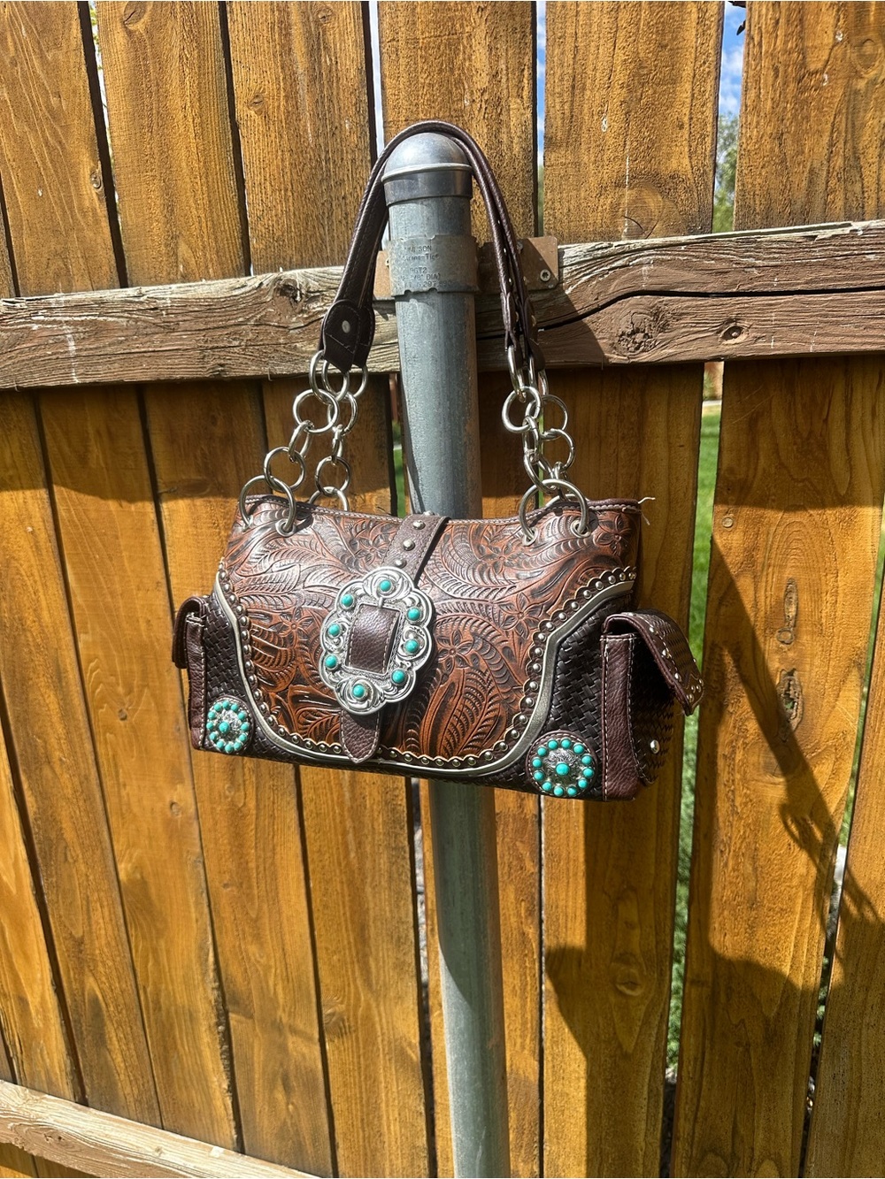 Montana West Brown Tooled Leather Shoulder Bag with Turquoise Accents